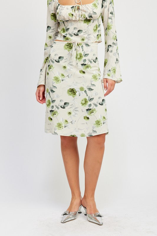 Honey Drawstring Floral Midi Skirt